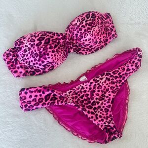 Luli Fama Bikini Pink Leopard Bandeau Push Up Top Ruched Brazilian Bottom